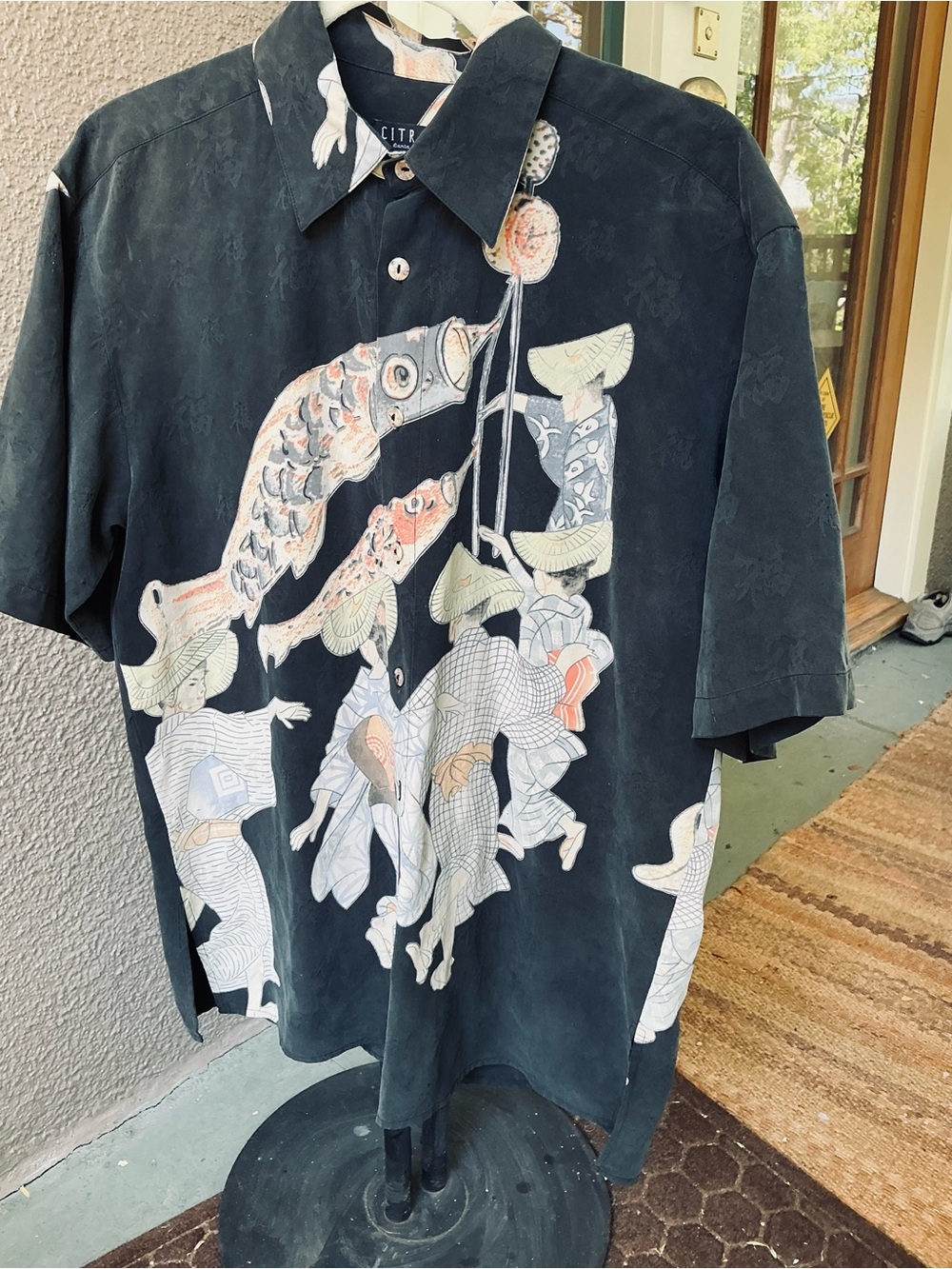 Citron Black Short-Sleeve Button-Down Silk Shirt with Koi Graphic